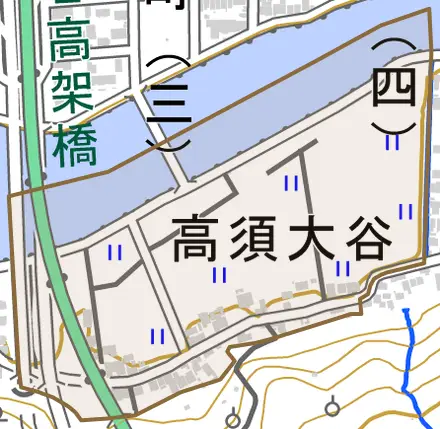 高須大谷とその周辺の地図。町の範囲を重ねている