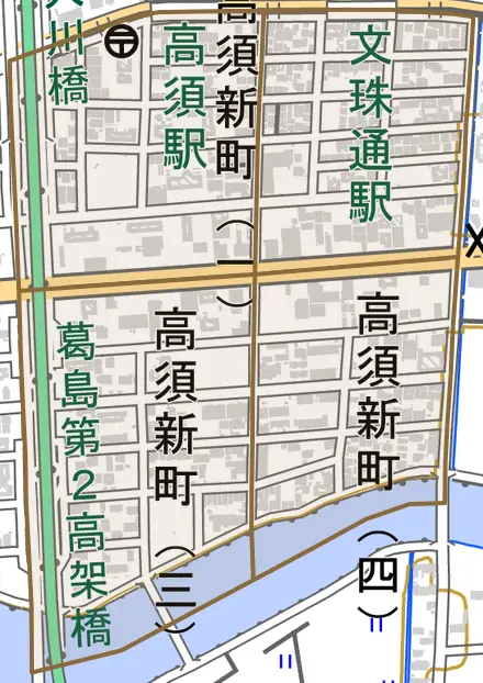 高須新町とその周辺の地図。町の範囲を重ねている
