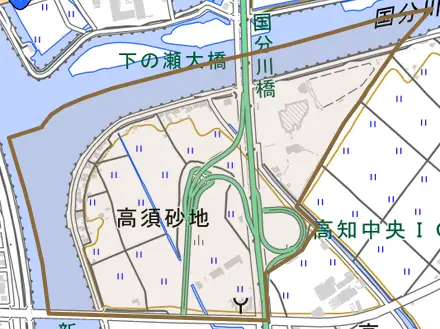 高須砂地とその周辺の地図。町の範囲を重ねている