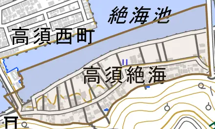 高須絶海とその周辺の地図。町の範囲を重ねている