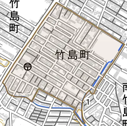 竹島町とその周辺の地図。町の範囲を重ねている