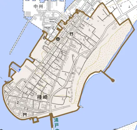 種崎とその周辺の地図。町の範囲を重ねている