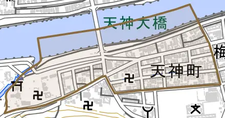 天神町とその周辺の地図。町の範囲を重ねている