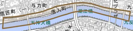 唐人町とその周辺の地図。町の範囲を重ねている