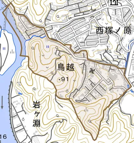 鳥越とその周辺の地図。町の範囲を重ねている