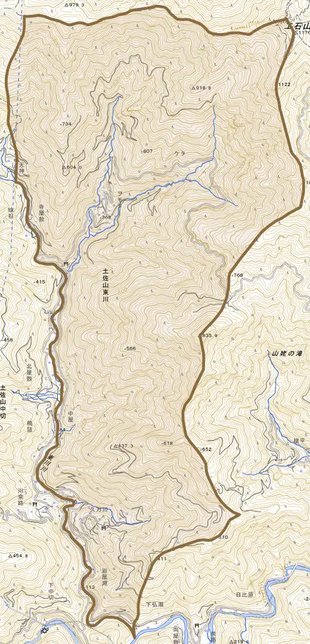 土佐山東川とその周辺の地図。町の範囲を重ねている