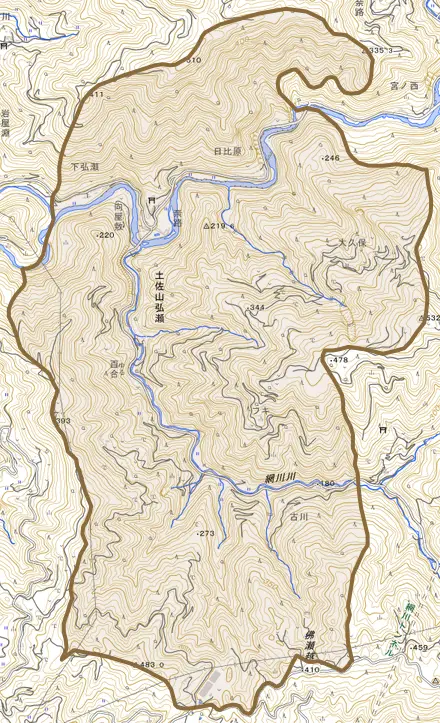土佐山弘瀬とその周辺の地図。町の範囲を重ねている