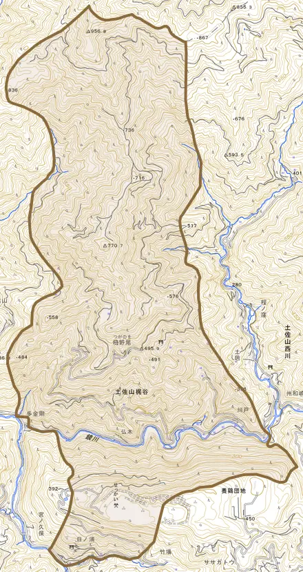 土佐山梶谷とその周辺の地図。町の範囲を重ねている