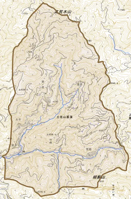 土佐山菖蒲とその周辺の地図。町の範囲を重ねている