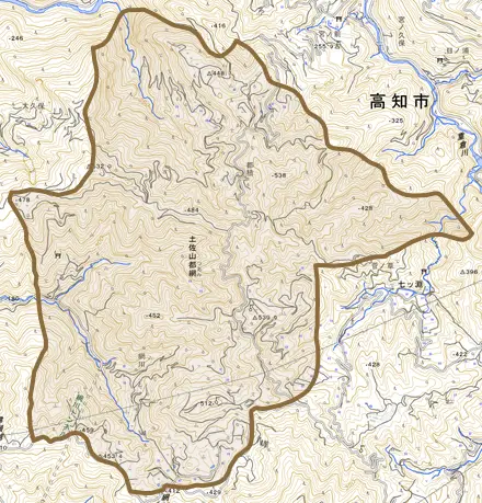土佐山都網とその周辺の地図。町の範囲を重ねている