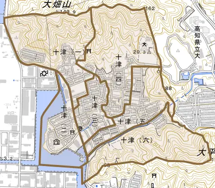 十津とその周辺の地図。町の範囲を重ねている
