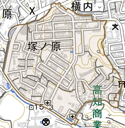 塚ノ原とその周辺の地図。町の範囲を重ねている