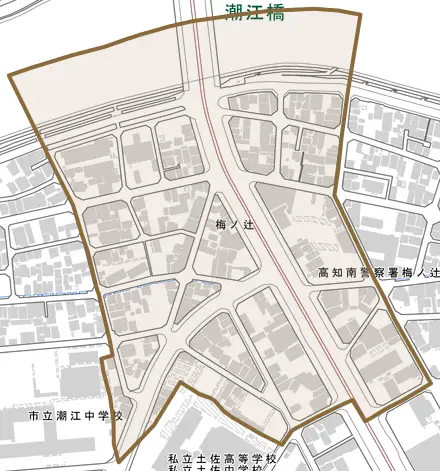 梅ノ辻とその周辺の地図。町の範囲を重ねている