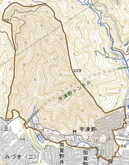 宇津野とその周辺の地図。町の範囲を重ねている