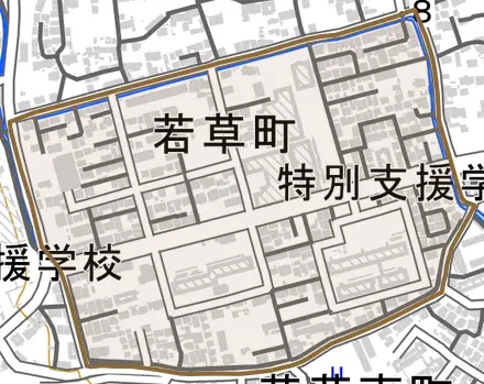 若草町とその周辺の地図。町の範囲を重ねている