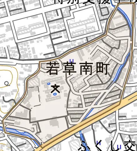 若草南町とその周辺の地図。町の範囲を重ねている