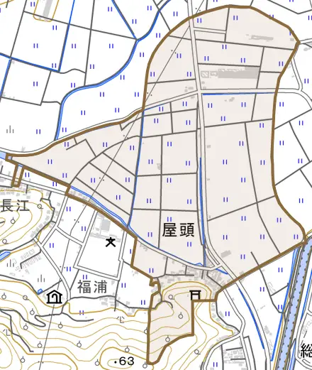 屋頭とその周辺の地図。町の範囲を重ねている