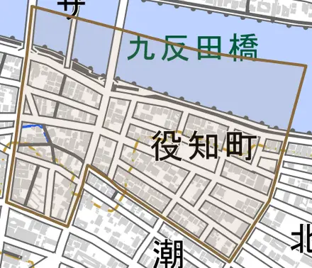 役知町とその周辺の地図。町の範囲を重ねている
