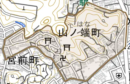 山ノ端町とその周辺の地図。町の範囲を重ねている