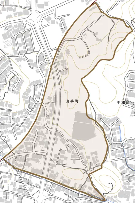 山手町とその周辺の地図。町の範囲を重ねている