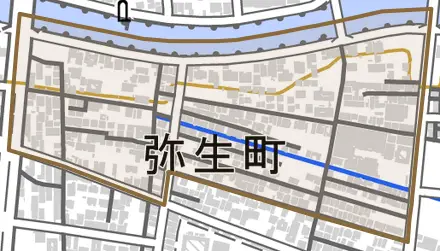 弥生町とその周辺の地図。町の範囲を重ねている