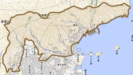 横浜とその周辺の地図。町の範囲を重ねている