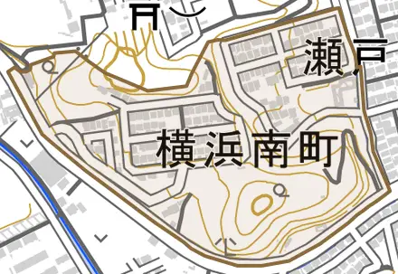 横浜南町とその周辺の地図。町の範囲を重ねている