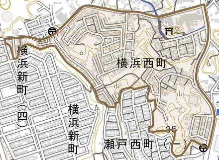 横浜西町とその周辺の地図。町の範囲を重ねている