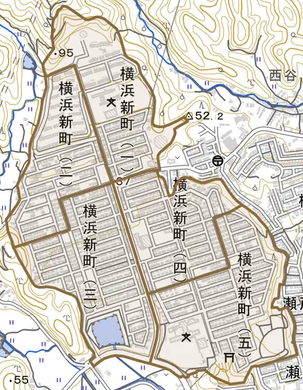 横浜新町とその周辺の地図。町の範囲を重ねている