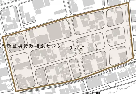 与力町とその周辺の地図。町の範囲を重ねている