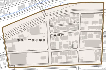 吉田町とその周辺の地図。町の範囲を重ねている