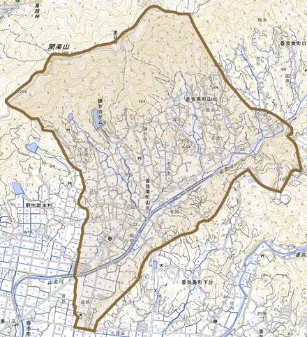 香我美町山北とその周辺の地図。町の範囲を重ねている