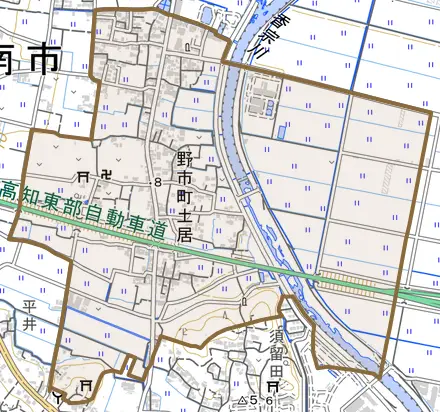 野市町土居とその周辺の地図。町の範囲を重ねている