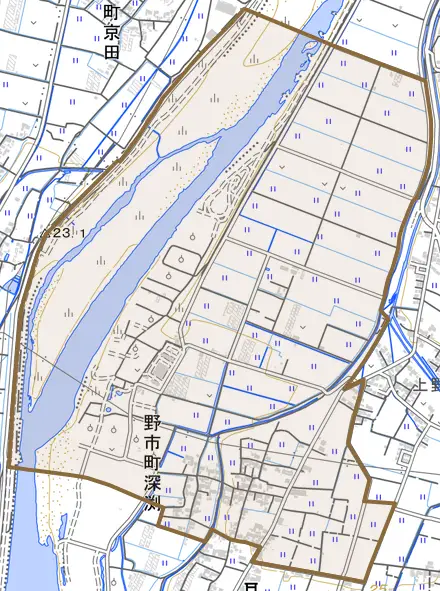 野市町深渕とその周辺の地図。町の範囲を重ねている