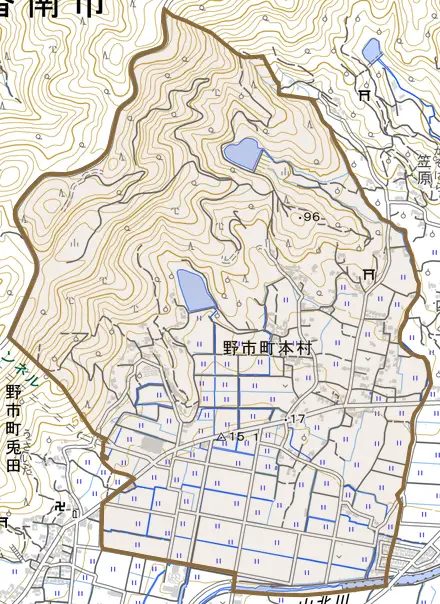 野市町本村とその周辺の地図。町の範囲を重ねている