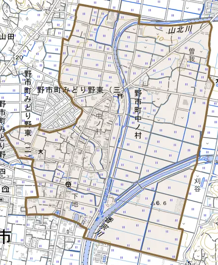 野市町中ノ村とその周辺の地図。町の範囲を重ねている