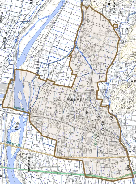 野市町西野とその周辺の地図。町の範囲を重ねている