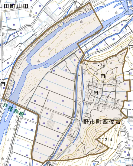 野市町西佐古とその周辺の地図。町の範囲を重ねている