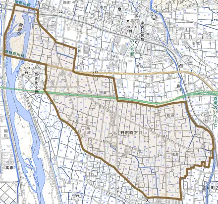 野市町下井とその周辺の地図。町の範囲を重ねている