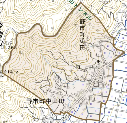 野市町兎田とその周辺の地図。町の範囲を重ねている