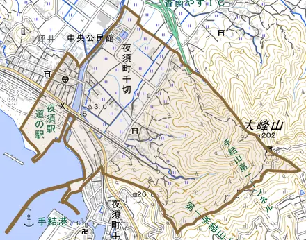夜須町千切とその周辺の地図。町の範囲を重ねている