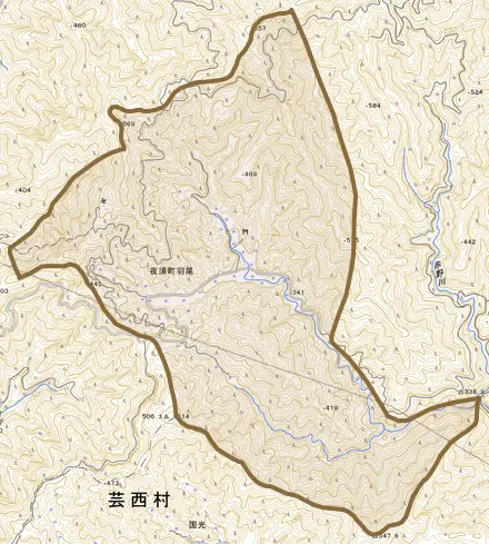 夜須町羽尾とその周辺の地図。町の範囲を重ねている
