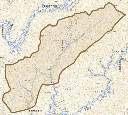 夜須町細川とその周辺の地図。町の範囲を重ねている