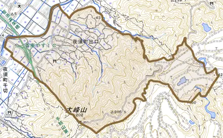 夜須町出口とその周辺の地図。町の範囲を重ねている
