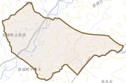夜須町上夜須とその周辺の地図。町の範囲を重ねている