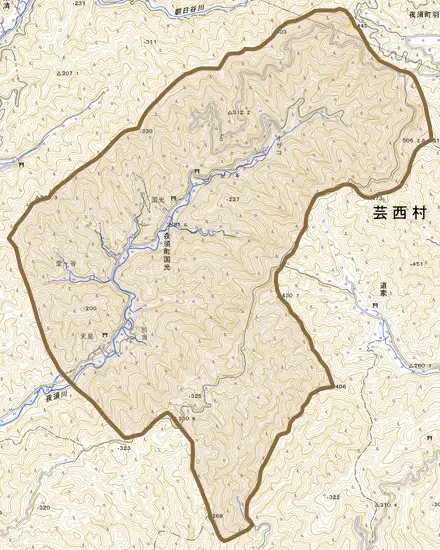 夜須町国光とその周辺の地図。町の範囲を重ねている