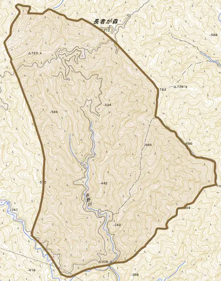 夜須町沢谷とその周辺の地図。町の範囲を重ねている