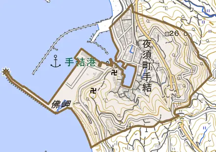 夜須町手結とその周辺の地図。町の範囲を重ねている