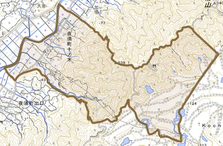 夜須町十ノ木とその周辺の地図。町の範囲を重ねている