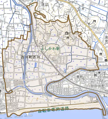 吉川町古川とその周辺の地図。町の範囲を重ねている